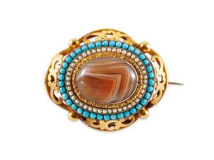 Broche somptueuse en or avec agate, turquoises et 