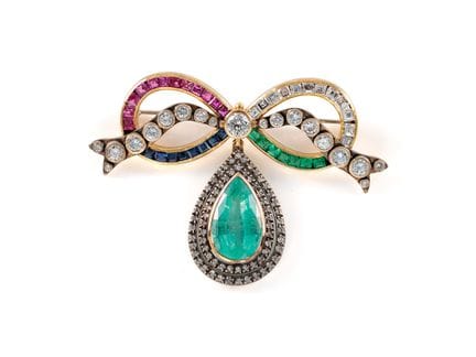 Broche/collier unique en or jaune 750, émeraudes, 