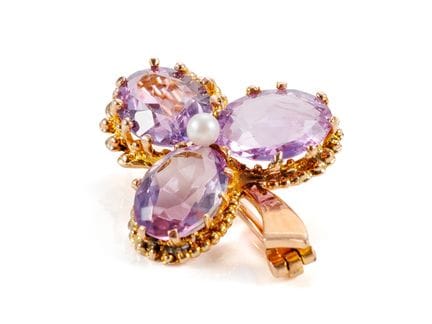 Petite broche ancienne en or rose, améthystes et p