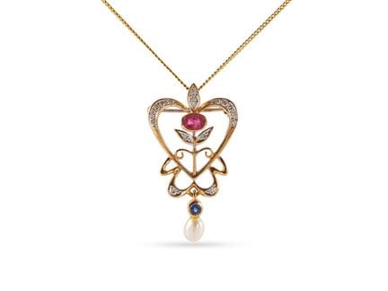 Brillant-Anhänger aus 585 Gelbgold mit Rubin, Saph