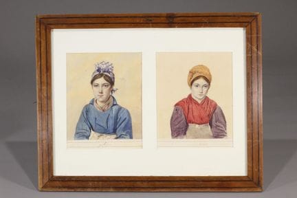 归功于安托万-阿尔方斯-蒙特福特（1802-1884 年）
两位身着菲乔的少女肖像
两幅黑色石头上的