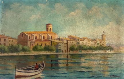 J. DIMOURO（20世纪）
运河景观。
布面油画，右下角有签名。

高：27 厘米
宽：41 