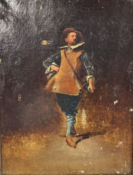 18世纪法国画派
《火枪手》。
布面油画。

高：35 厘米
宽：27 厘米

有破洞、缺损及瑕疵。