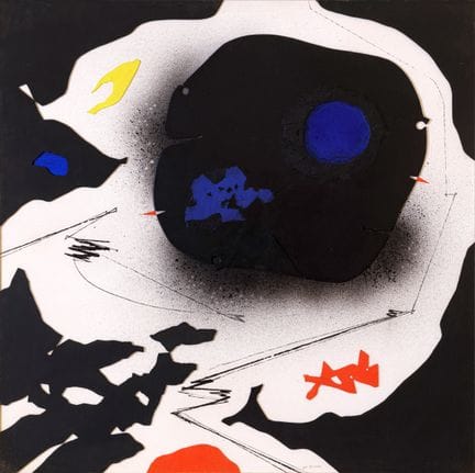 吉诺·莫兰迪斯 《构图》（1970年代） 油画、石墨和木料拼贴画，画板 80×80 厘米
右下角有签