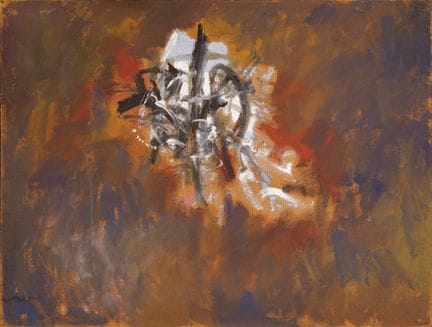 恩尼奥·芬齐 《走向中心》 1956年  硬纸板蛋彩画 130×170厘米
右下角有签名和日期，背面