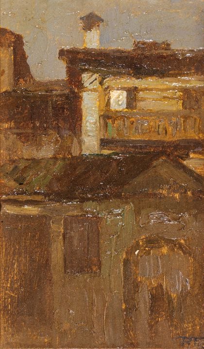 PIETRO FRAGIACOMO Häuser bei Nacht   Öl auf Holzta