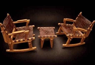 Angel Pazmino 
Pair of rocking chairs and an ottom