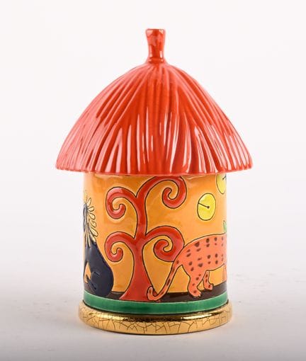LONGWY. Capanna africana in maiolica con decorazio
