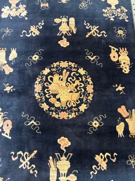 Tappeto cinese con fondo blu navy e bordo verde, d