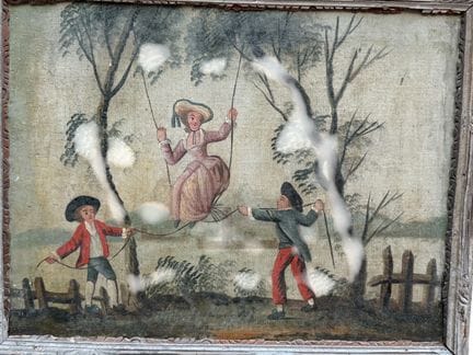 19世纪法国画派，《秋千》，布面油画。43x47 厘米
（有磨损、缺损及瑕疵）