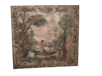19世纪法国画派，描绘一对优雅的夫妇与一艘渔船，背景为仿木雕风格的洛可可式装饰，绘于画布上，可能是古