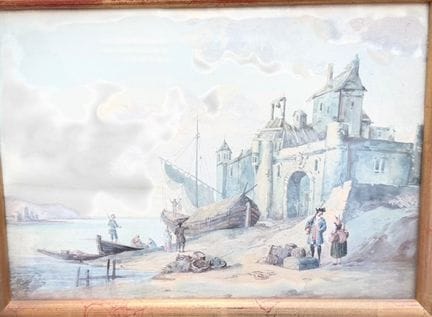 法国画派（19世纪）《城市的海港入口》，纸本水彩画。画心尺寸14×20厘米