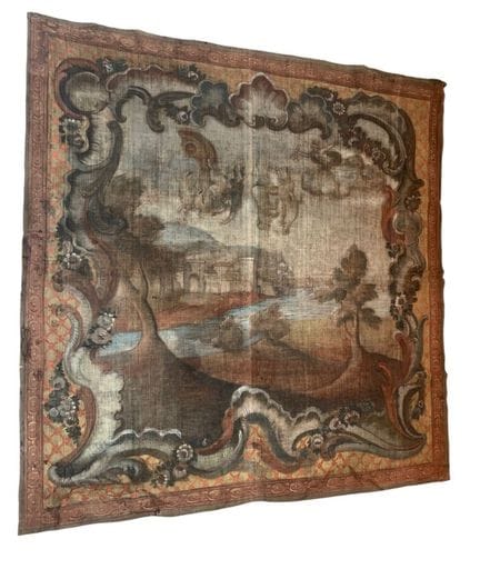 19世纪法国画派，水边风景，无画框布面油画。
253x250厘米
有磨损、缺损、损伤及修复痕迹