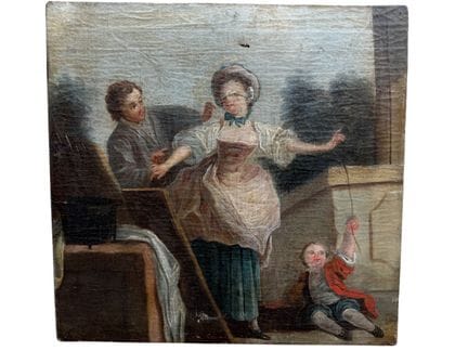19世纪法国画派，《蒙眼捉人》，布面油画。48x49 厘米
（有缺损、磨损、瑕疵及破洞）