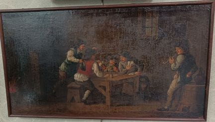荷兰画派（18世纪）《酒馆场景》，布面油画。44 x 80 厘米（有开裂，已重新裱布）