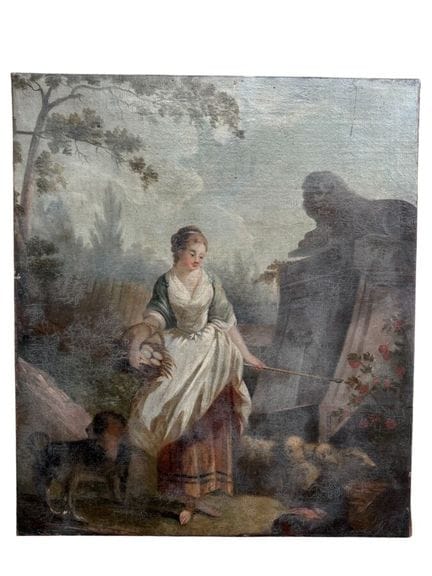 20世纪法国画派，18世纪风格，年轻牧羊女，布面油画。61x53 厘米