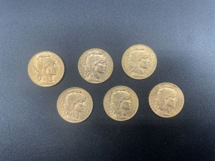 6 monete da 20 franchi d'oro (1907, 1908, 2x1912, 
