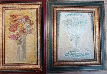 JR LAFITE（第 20 代）静物 "花束 "和 "calice "一对，油画板，25x14 厘
