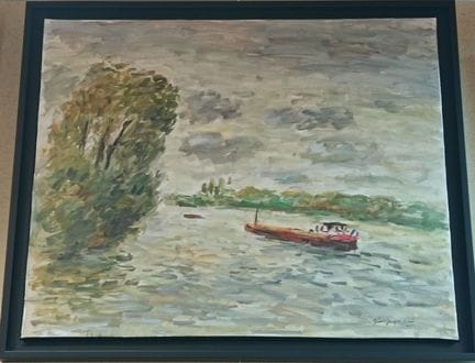 让-雅克·雷内（1943）《塞纳河上的驳船》，布面油画，右下角签名。73x60 厘米