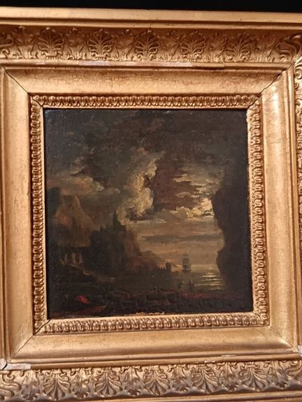 法国画派（19世纪）《月光下的海景》，木板油画。10.5×10.5 厘米