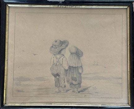 B. 巴特林，1875年《海滨游》手绘作品，背面有题字，装裱/玻璃，画幅32.5×27厘米