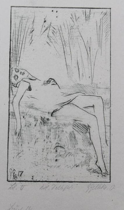 字迹难以辨认的签名蚀刻版画，创作于1917年，描绘一名躺着的年轻女孩，未装裱，画面尺寸22×19厘米