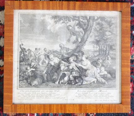 18世纪铜版画，题为《第一世界的极乐》，画纸带有岁月痕迹，古式装裱/玻璃，画芯31.5×35.5厘米