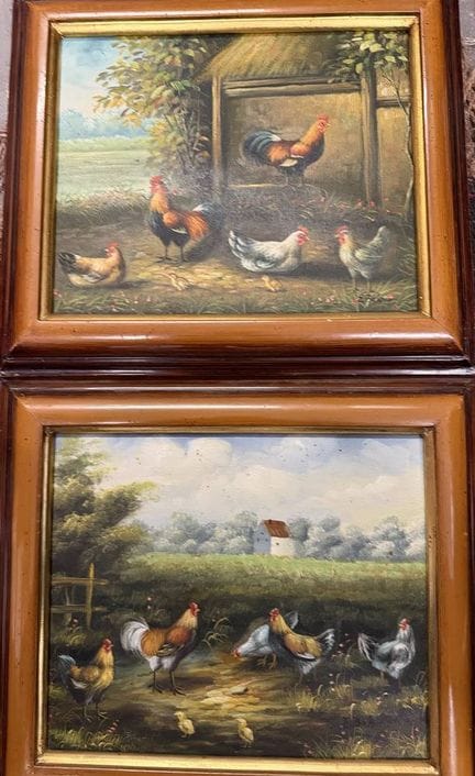 E. Bohm, 2 quadri raffiguranti galline, olio su te