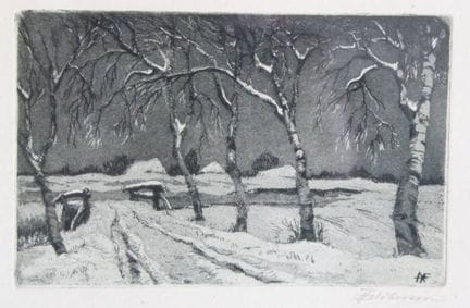 安娜·费尔德胡森（1867-1951），《桦树林荫道的冬日风景》，蚀刻版画，旧德式/玻璃，右下角 1