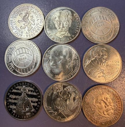 9 monete commemorative da 5 DM, Repubblica Federal