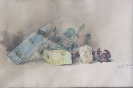 费赫瓦里（Fehérvári）等，静物画，水彩画，约1900年，画在玻璃上，画纸有岁月痕迹，右下角 