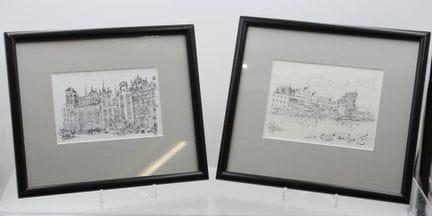 2幅风景画，格但斯克，签名难以辨认，均装裱/覆玻璃，装裱后尺寸约24×27厘米
