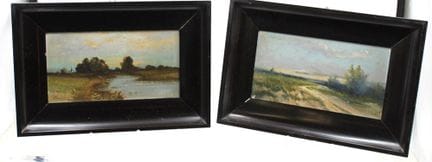 2幅风景画，1幅署有席勒签名，约创作于1900年，均为油画/画板，配有旧画框，画框外尺寸约22×31