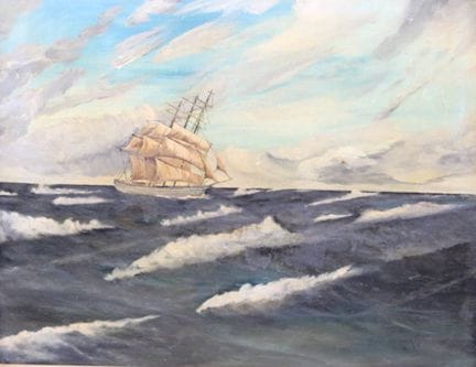 W. 穆勒 '75，《风浪中的帆船》，油画/画布，需修复，已装裱，画心尺寸 47 × 57 厘米