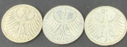 3 monete da 5 DM, con l'aquila grande