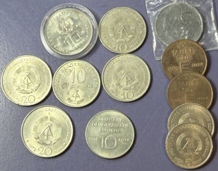 Monete della DDR: 2 da 20 marchi, 5 da 10 marchi, 