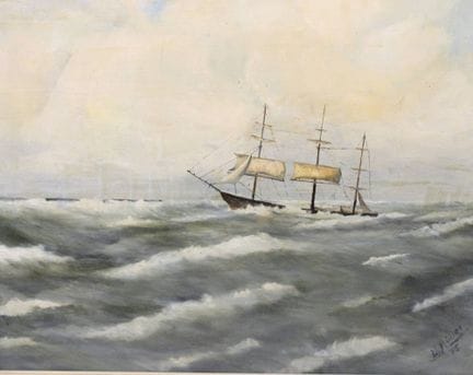 W. 穆勒 '75，《风浪中的帆船》，油画/画布，需修复，已装裱，画心尺寸 47 × 57 厘米