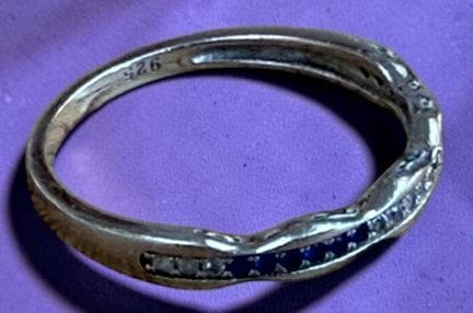 Narrow silver ring—925—with blue and clear stones,