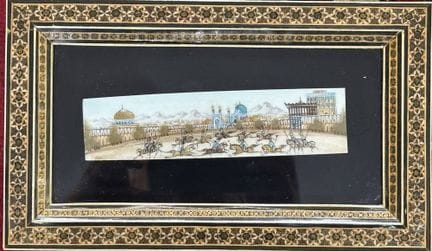 波斯微型画，清真寺/宫殿前的骑兵，画框采用精美镶嵌工艺/玻璃，画作尺寸24×14厘米