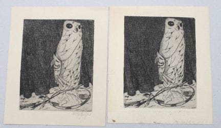 2幅 威利·盖格（1878-1971）作品《猫头鹰》，蚀刻版画，其中1幅有签名，1幅纸张有老化痕迹，