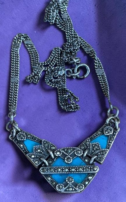 Silver Necklace - 925, 3-row chain with turquoise 