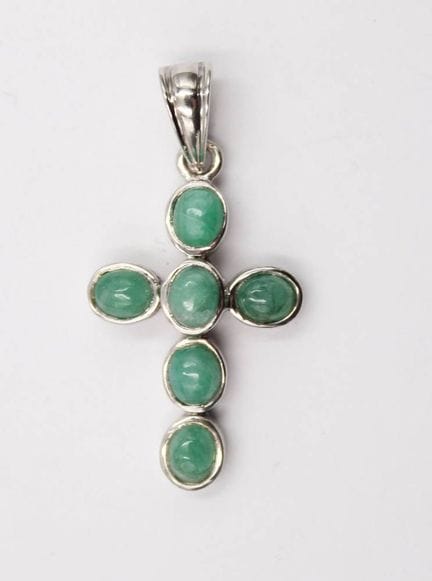 Cross Pendant with Emerald Cabochons, Sterling Sil