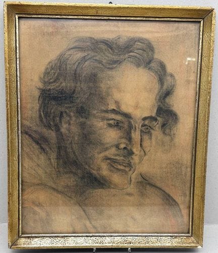 经典素描作品，男性肖像，油画/玻璃，画布尺寸 41x34 厘米