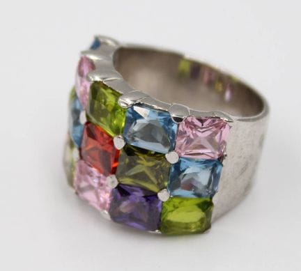 Wide 925 silver ring set with 15 colored gemstones