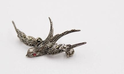 835 silver brooch, swallow, marcasite, antique, 2.