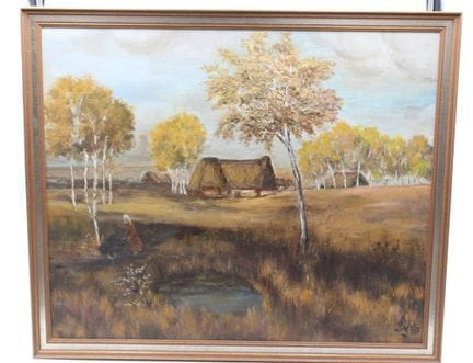 LS 签名（应为 Luise Schöffel），《北德风景与农舍》，油画/硬质纤维板，已装裱，画心