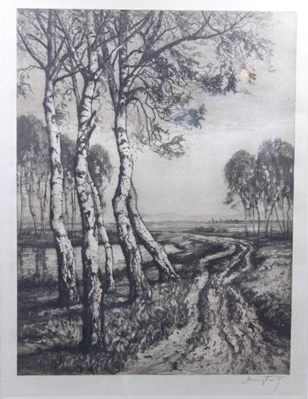 大号 原版蚀刻版画《溪畔桦树》，乔治·弗里茨（1894-1967）作，装裱精美/带玻璃，右侧75×5
