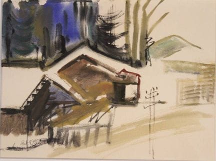 一幅描绘山景或村景的水彩画，签名难以辨认。
装裱在玻璃框内（玻璃已拆除！因受损）
右下角 
高44厘