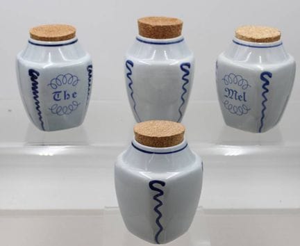 4个复古陶瓷容器，石质陶器，饰有蓝色图案，配软木盖，Søholm Danmark品牌，每个高约15厘