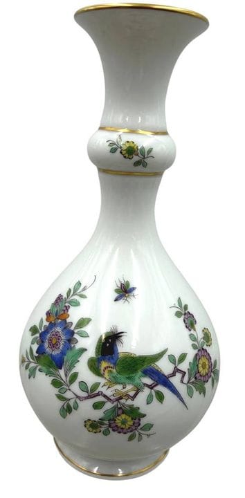 “迈森”圆柱形花瓶，饰有印度岩石、花卉和鸟类图案，一级品，高18厘米